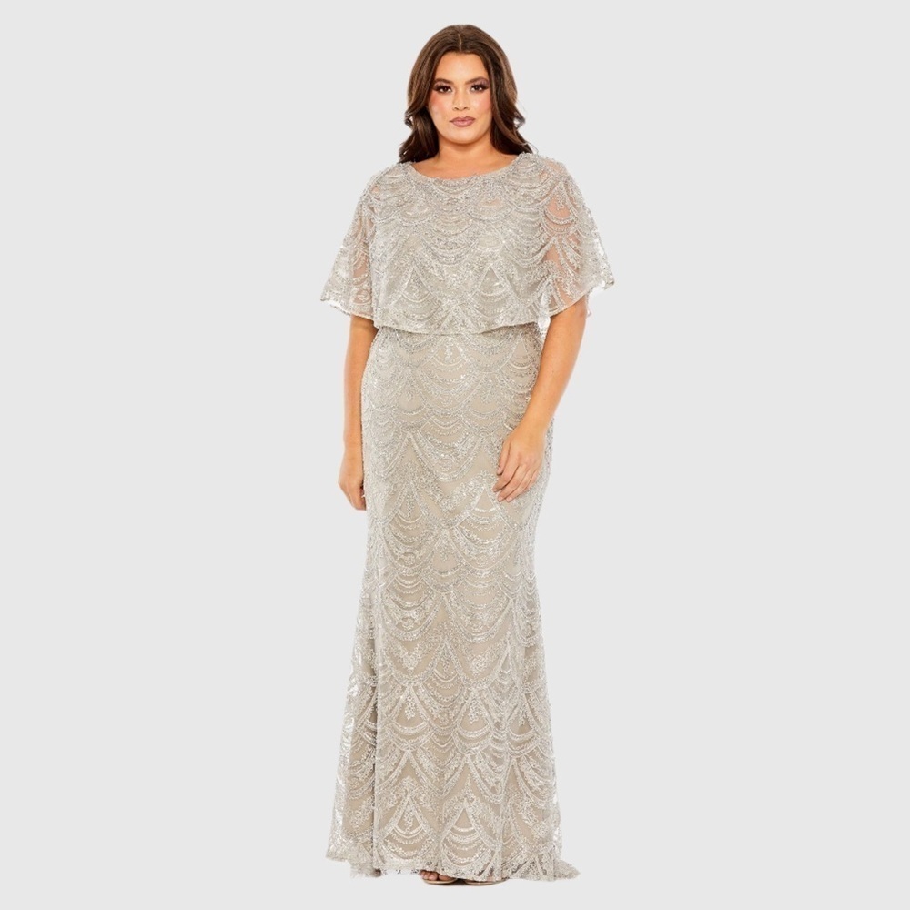 Mac Duggal 20470 NWT Beige High Neck Embellished Column Dress With Cape (Plus)